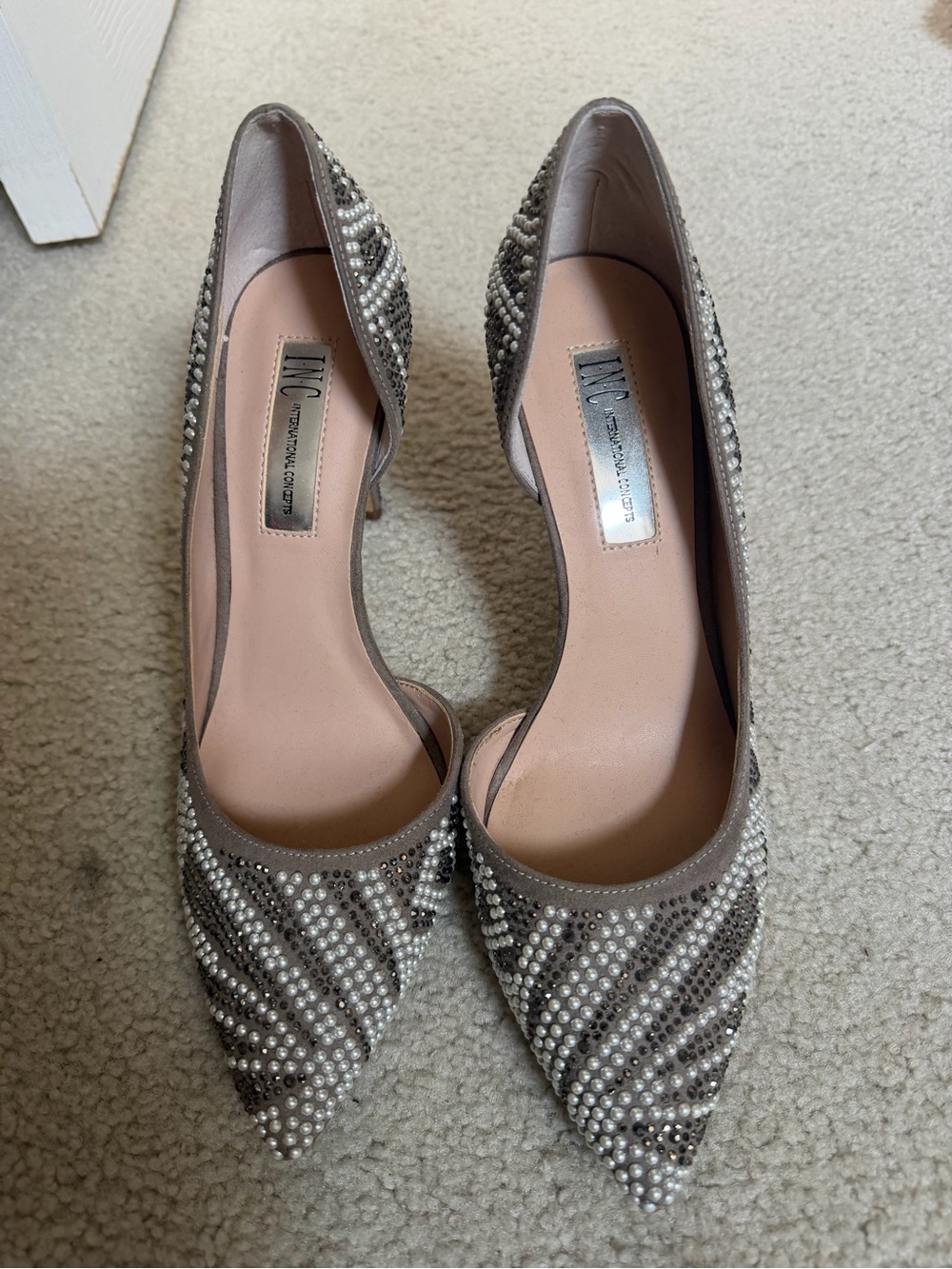 INC International Concepts Silver Pearl & Rhinestone Pointed Pumps